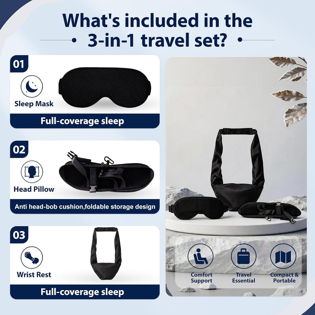 3-in-1 Travel Sleep Set | 3D Eye Mask, Anti Head-Bob Headrest & Wrist Rest